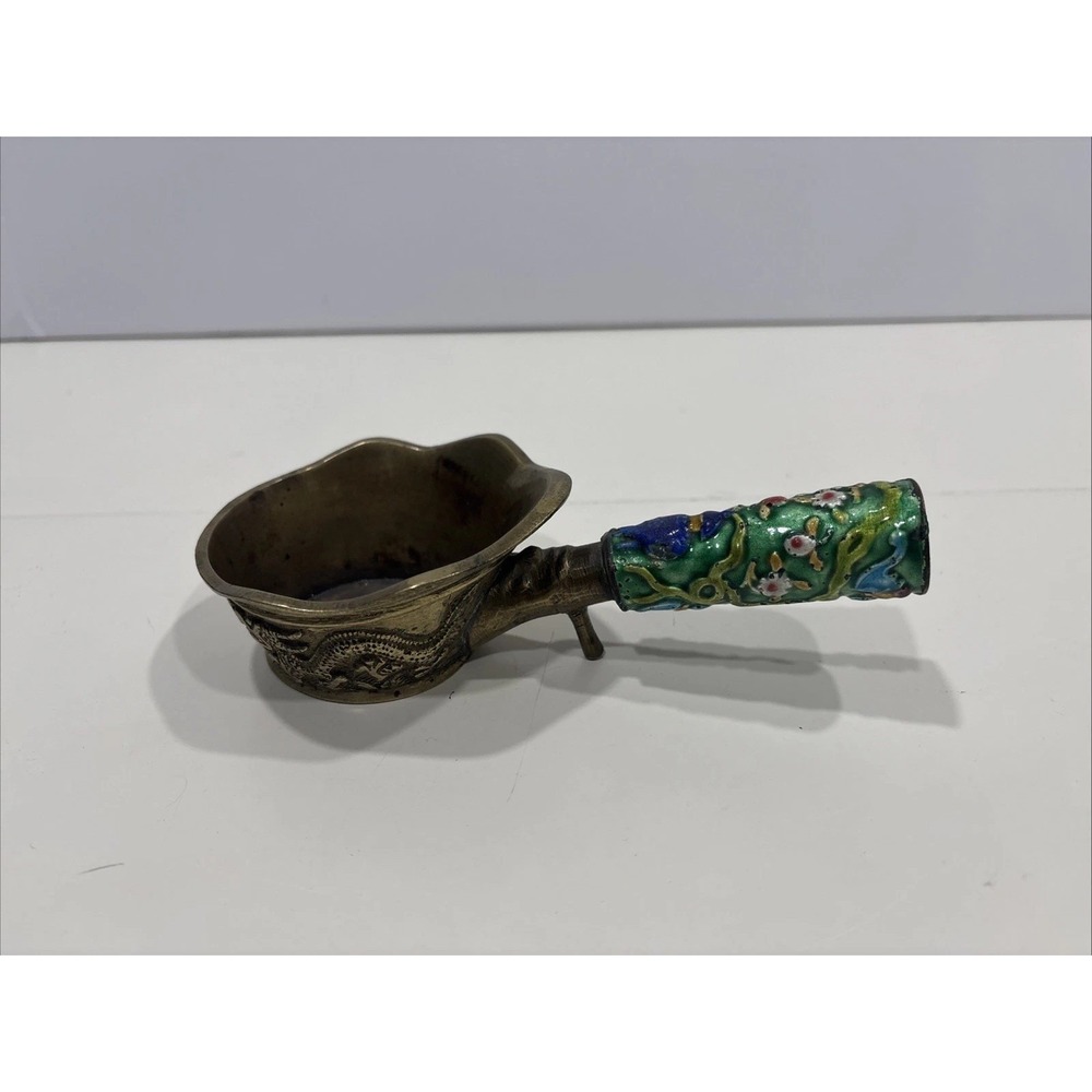 Vintage Chinese Brass Silk Coal Iron Dragon Cloisonné Enamel Handle 7"